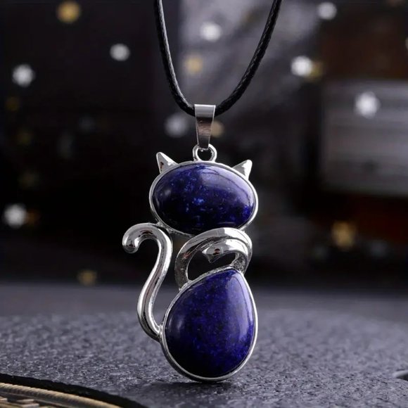 Lapis Lazuli Natural Stone Cute Cat Pendant Necklace - Picture 2 of 2
